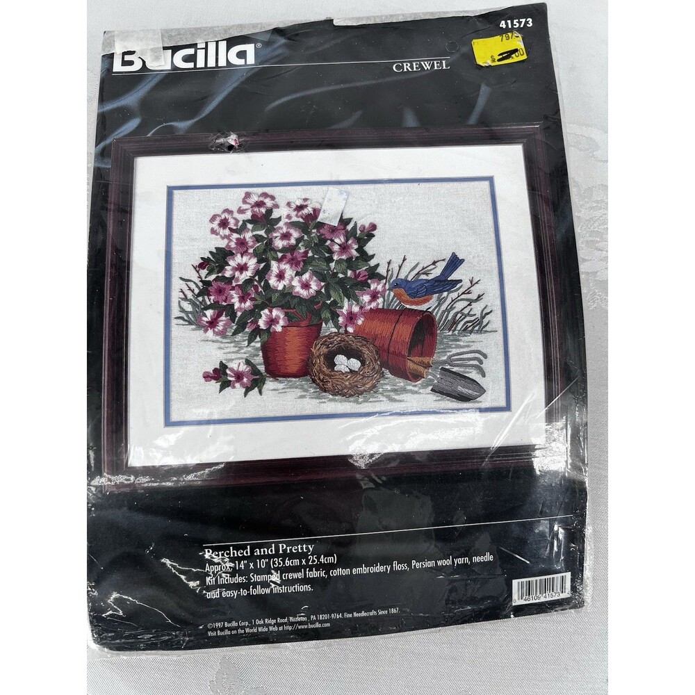 Bucilla Crewel Kit 41573 Perched & Pretty Flowers Pots Bird Vintage Unused